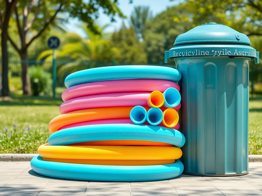 Colorful pool noodles next to a recycling bin, highlighting their recyclability.