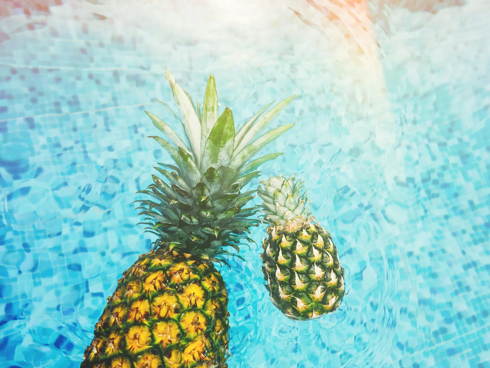 Pineapples floating in a swimming pool, representing pool fun and occupancy.