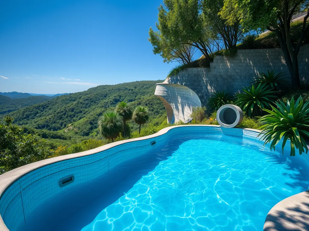 Inground pool located on a hillside with a scenic view.