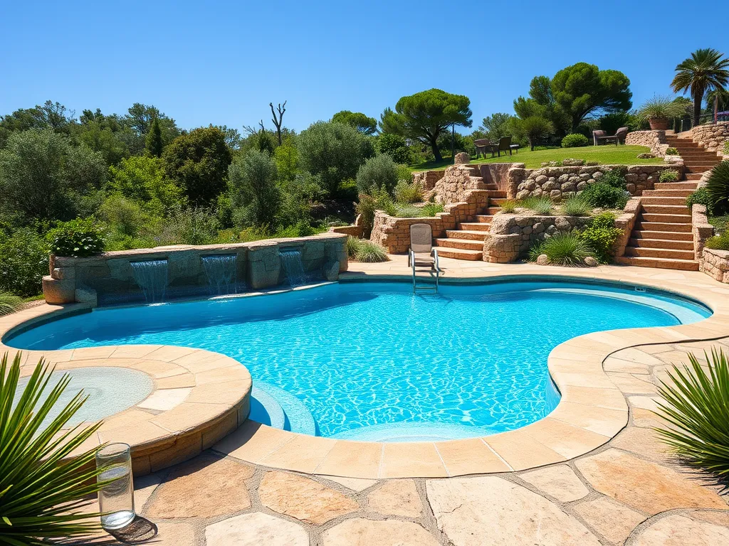 Beautiful pool on a hill surrounded by greenery, showcasing the possibility of pool construction on elevated terrain.