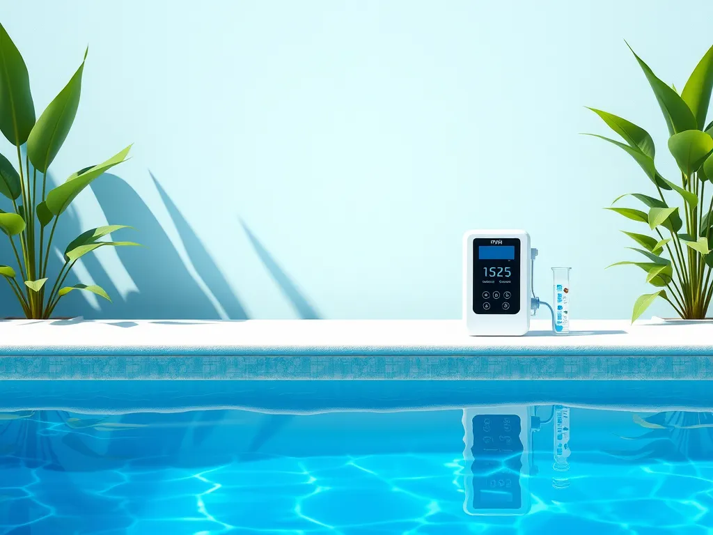 A digital pH testing device next to a swimming pool, highlighting the importance of pH levels in preventing algae growth.