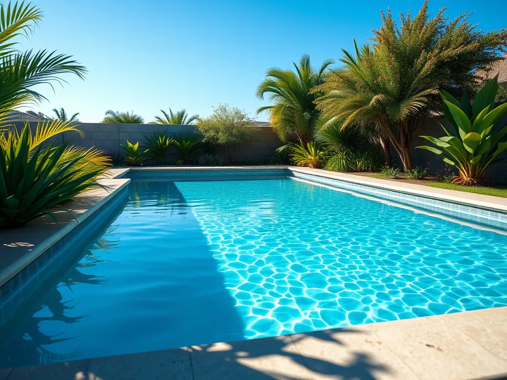A clean swimming pool under a clear sky, illustrating the question of whether to leave a pool pump on 24/7.