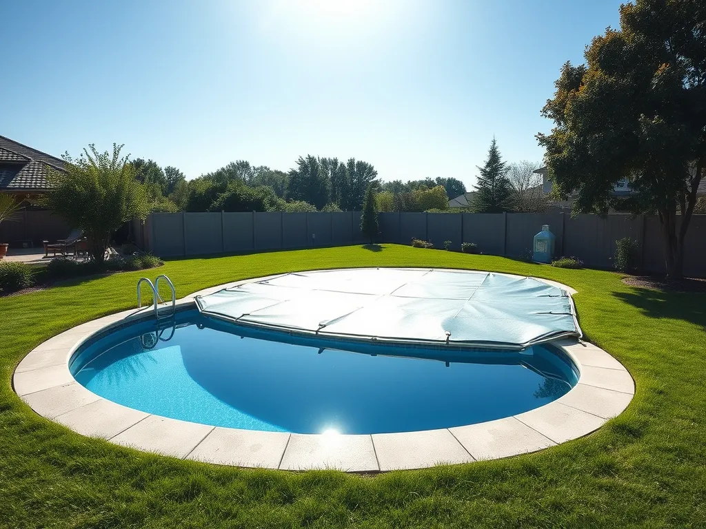 Swimming pool covered with a safety cover, related to running pool pump with cover on.