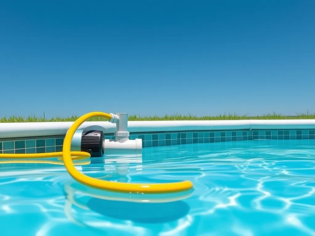 A pool pump with a yellow extension cord in a swimming pool, illustrating questions about using extension cords with pool pumps.
