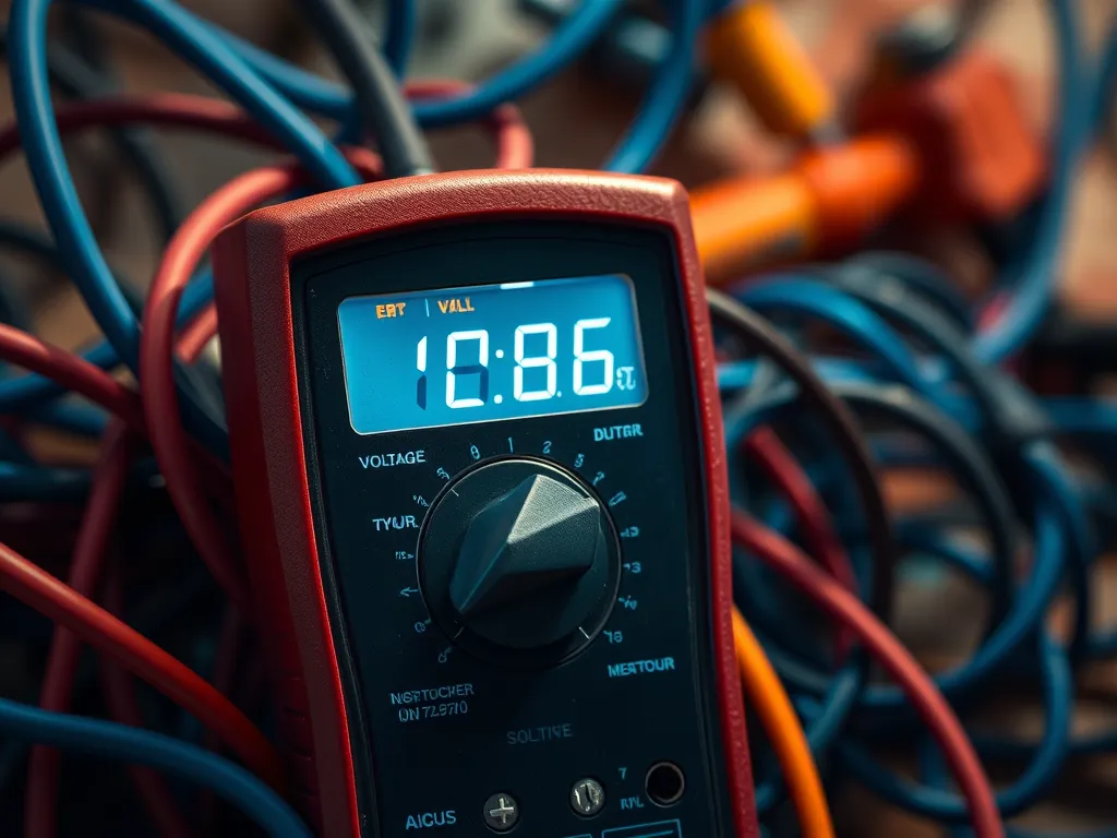 Multimeter measuring voltage with tangled cables - important for checking pool pump safety with extension cords