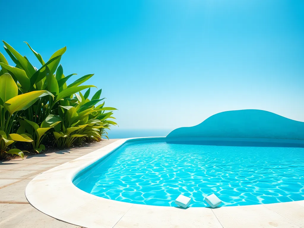 Beautiful pool with clear water and surrounding greenery, highlighting the importance of a GFCI breaker for pool pumps.