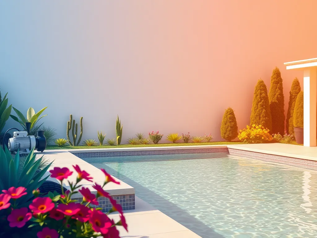 A serene swimming pool with a pool pump, illustrating the importance of horsepower in pool maintenance.