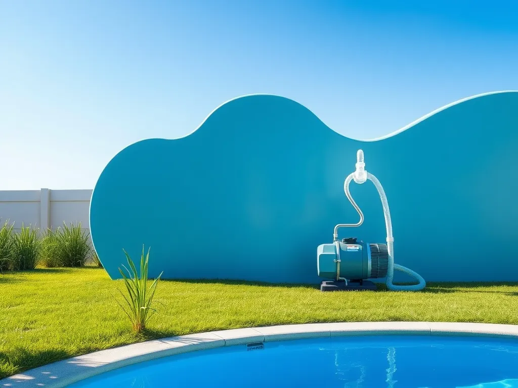 A blue pool pump next to a clear swimming pool, ideal for those coming back into the pool.