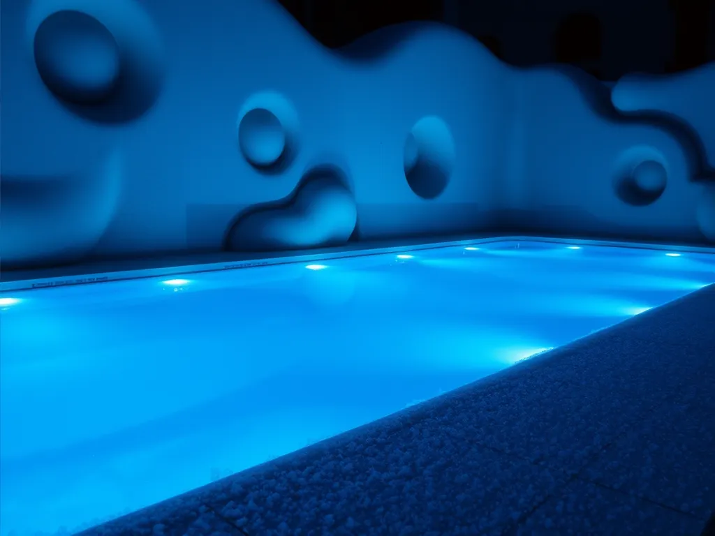 Beautiful illuminated pool at night during winter with reflections, showing the importance of maintaining pool pump operation.