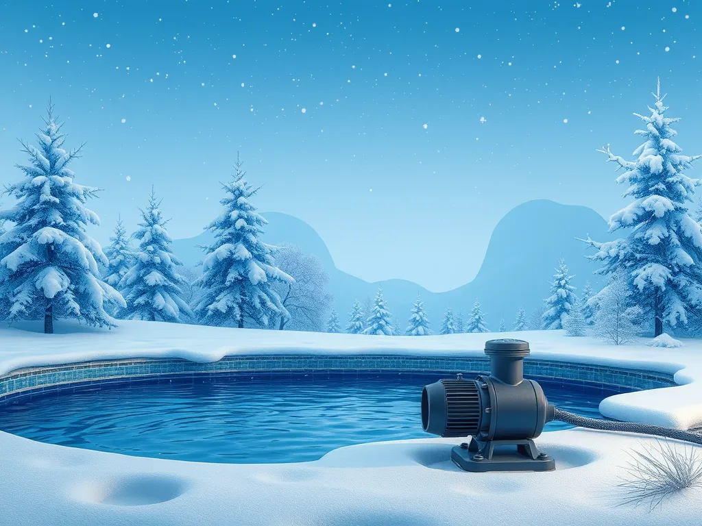 A pool pump near a frozen pool surrounded by snow and trees, illustrating how long to run a pool pump in winter.