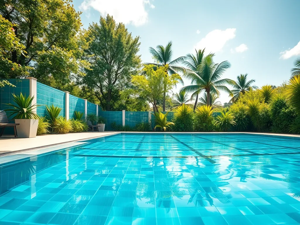 Beautiful swimming pool with modern design and lush greenery, illustrating pool remodel cost calculator.