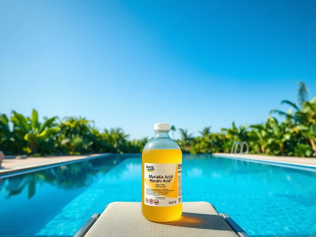 Bottle of muratic acid beside a pool, discussing pool safety with a UTI.