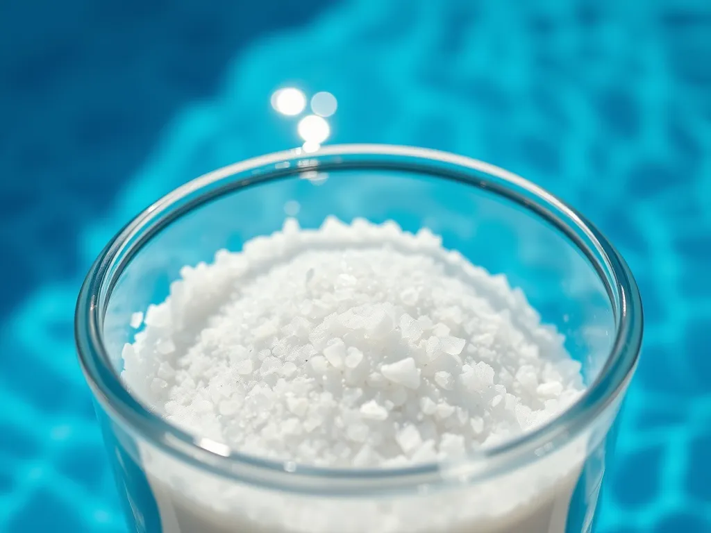 A close-up view of pool salt in a glass container, with a blue swimming pool in the background.