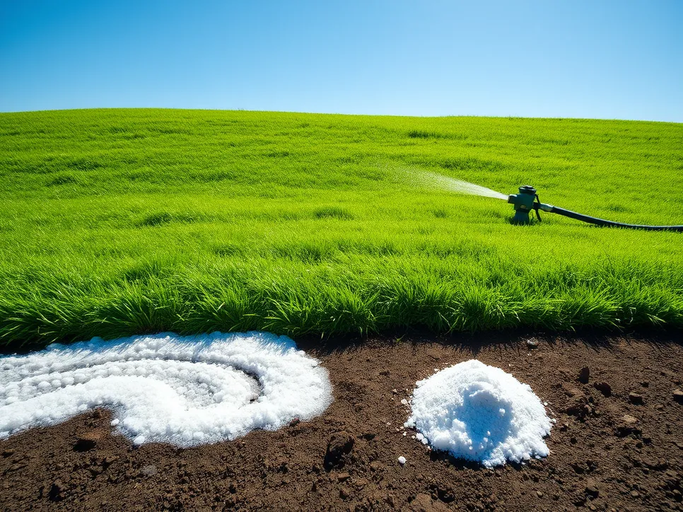 Salt water from pool affecting grass growth in a lawn.