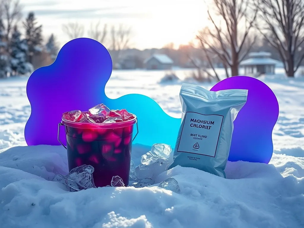A bucket of ice surrounded by snow with pool salt packaging, illustrating whether pool salt can effectively melt ice.