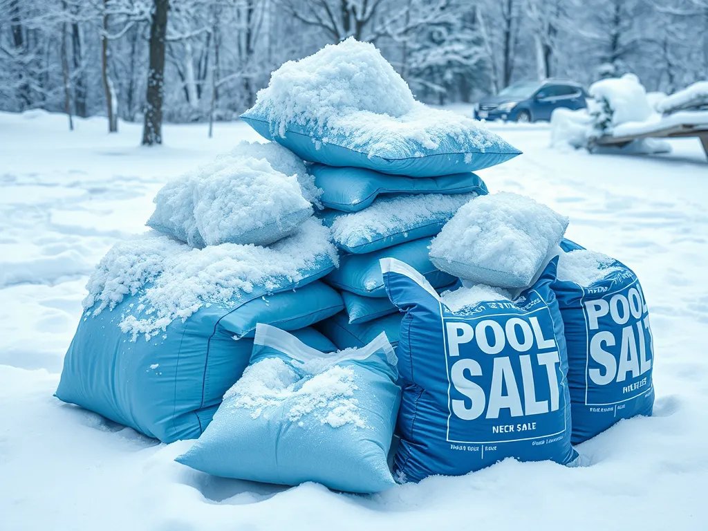 Bags of pool salt piled up in snow, showcasing its use for melting ice.