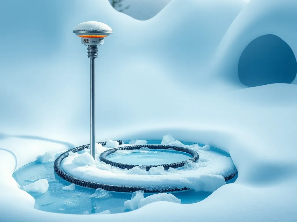 A pool surrounded by ice and snow, demonstrating the use of pool salt to melt ice.