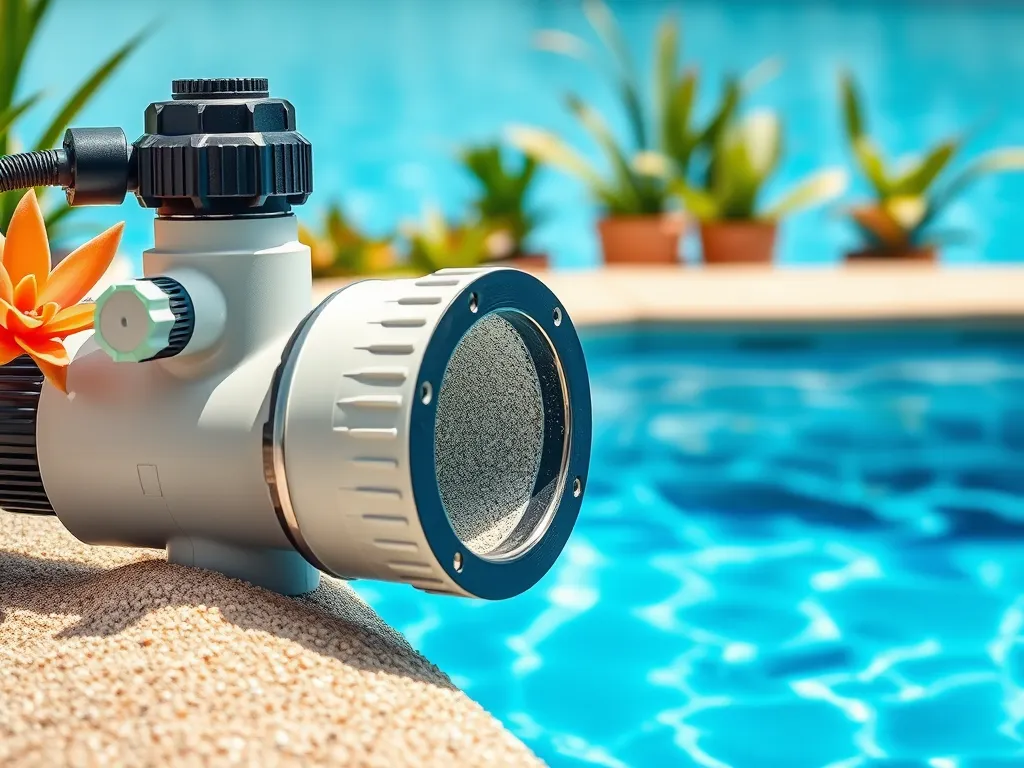 Filter system and pool water with sand near crystal clear pool