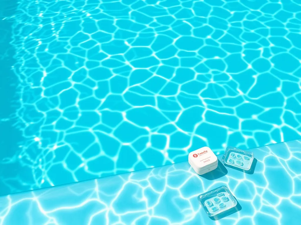 Containers of pool shock and chlorine near a swimming pool, illustrating the difference between pool shock and chlorine.