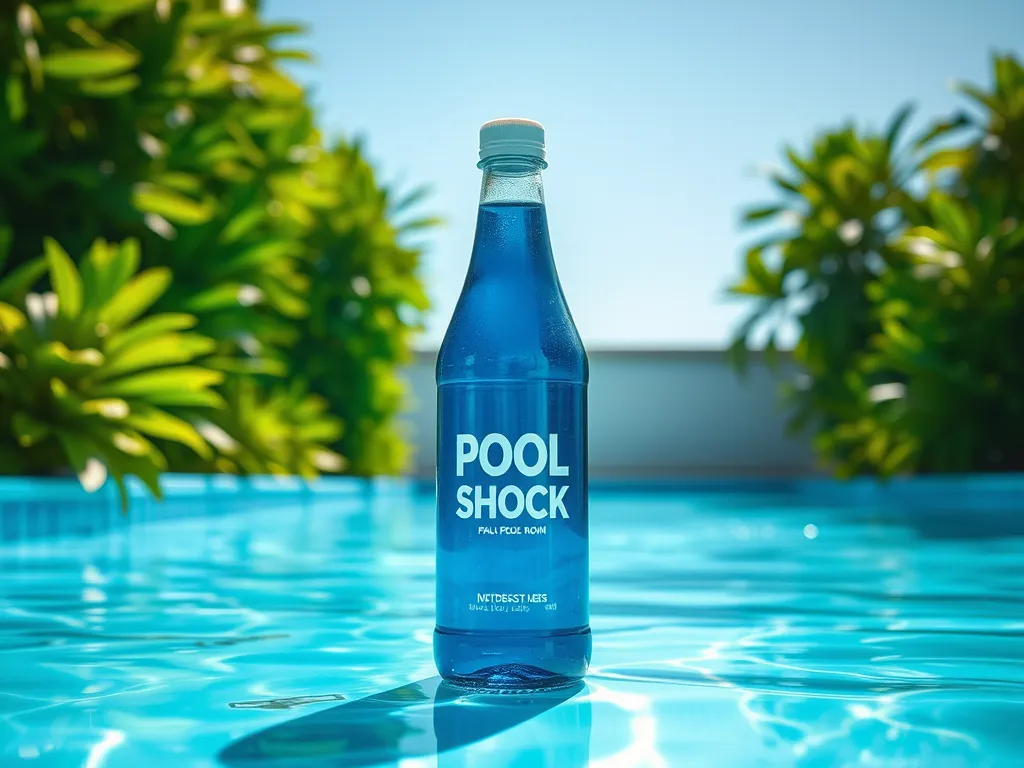 Bottle of pool shock in clear blue water, related to pool maintenance and expiration.
