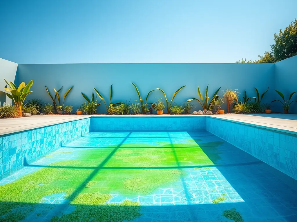 A clear pool with green water, illustrating the importance of pool shock maintenance.