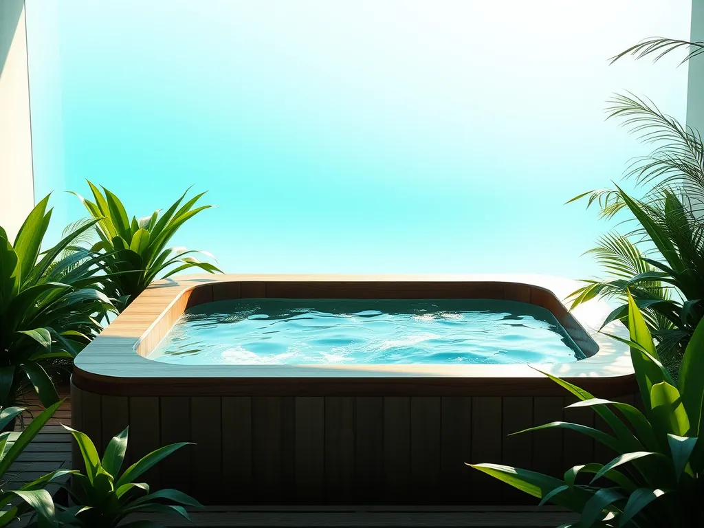 A hot tub surrounded by plants, illustrating the use of pool shock in hot tubs.