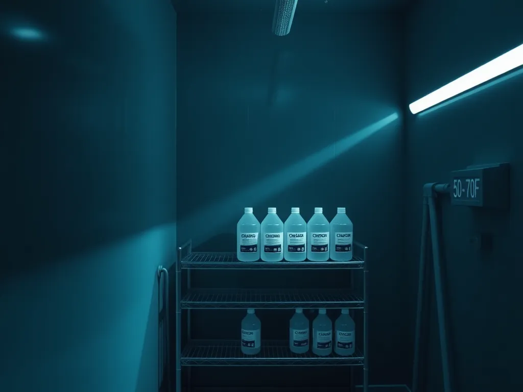 Photo of pool shock bottles stored in a cool, dark space, relevant to the expiry of pool shock.