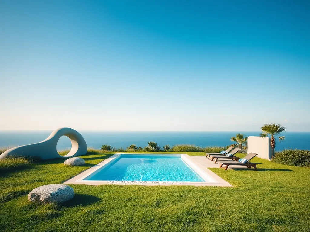 A serene view of a swimming pool surrounded by grass, illustrating the importance of pool care, including shock and chlorine.