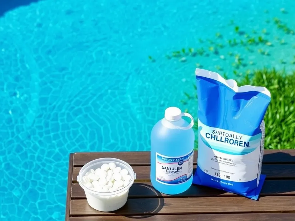 Comparison of pool shock and chlorine products next to a swimming pool