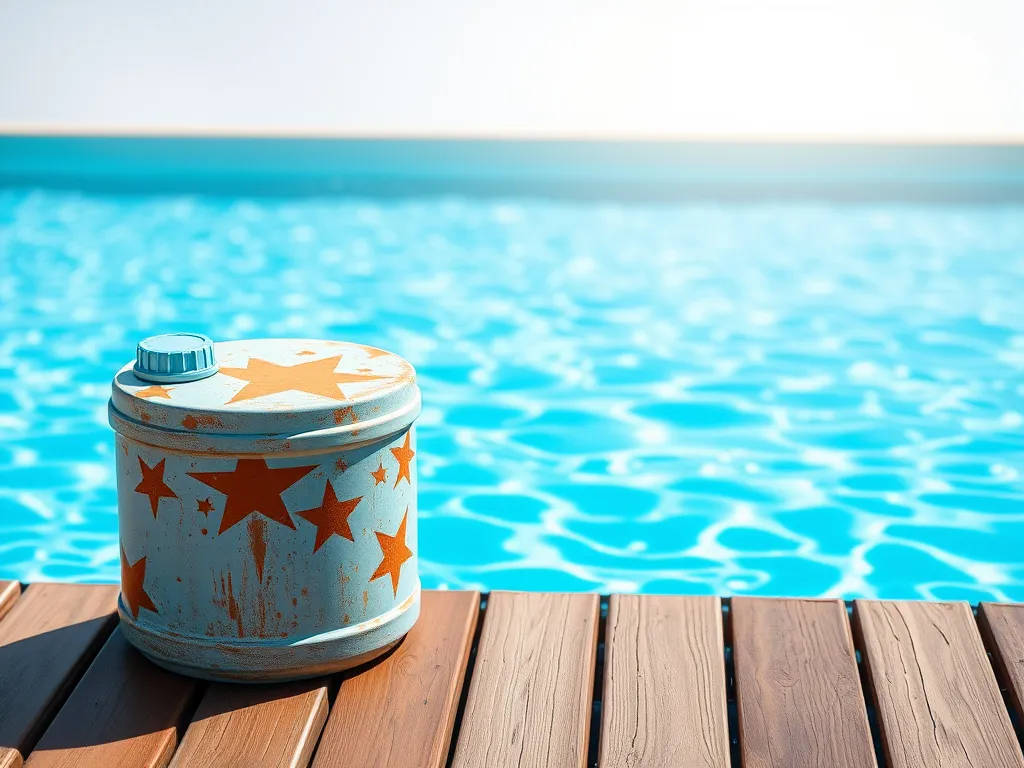 Container of pool stabilizer near a pool, relevant to does pool stabilizer go bad.