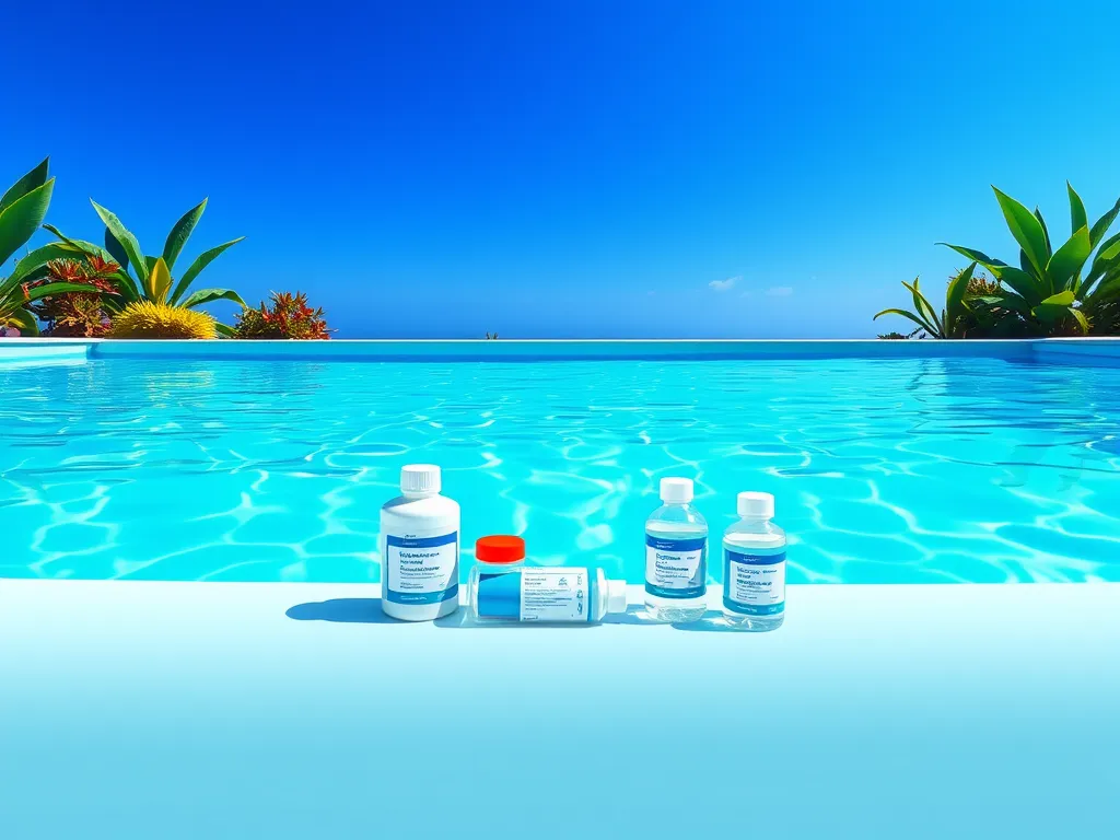 A selection of pool stabilizer products displayed by a swimming pool, relevant to the topic of whether pool stabilizer goes bad.
