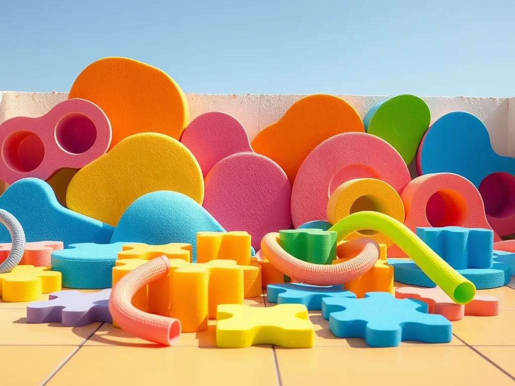Colorful foam pool toys and elements on a sunny patio, illustrating the need for proper pool coverage and maintenance.