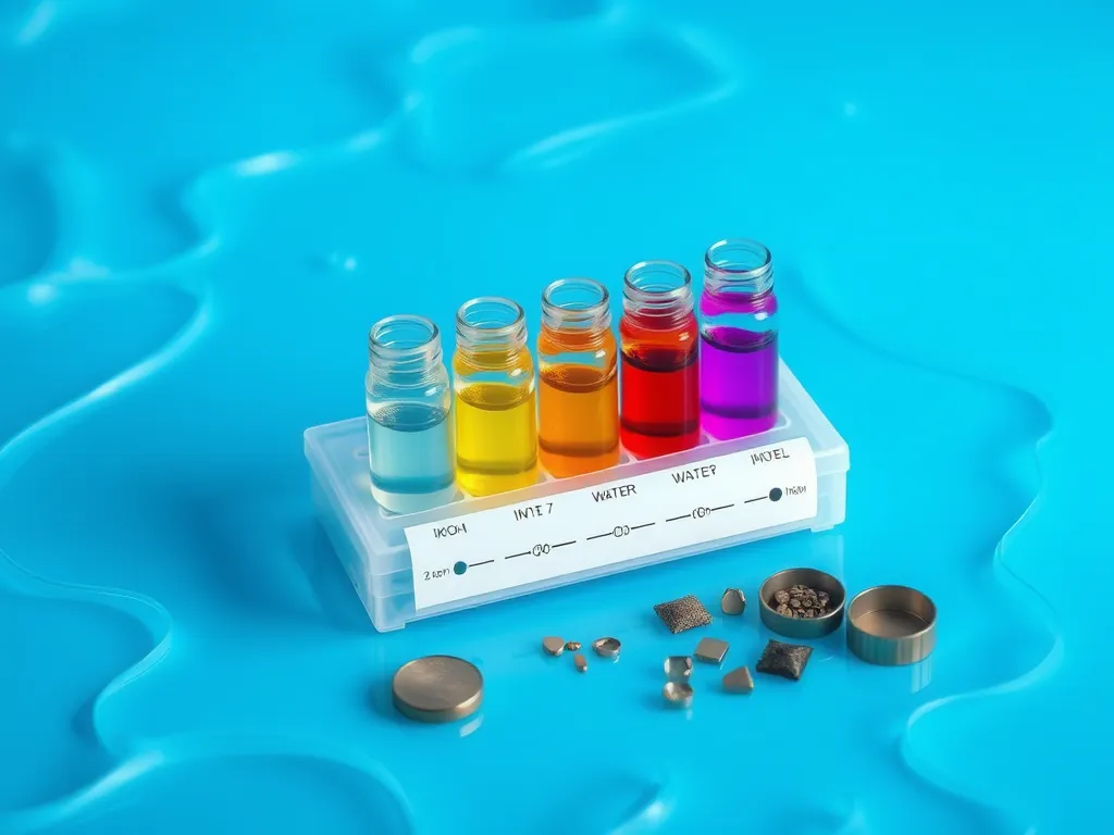 Various pool test strips showing different water sample colors for detecting metals like copper and iron.