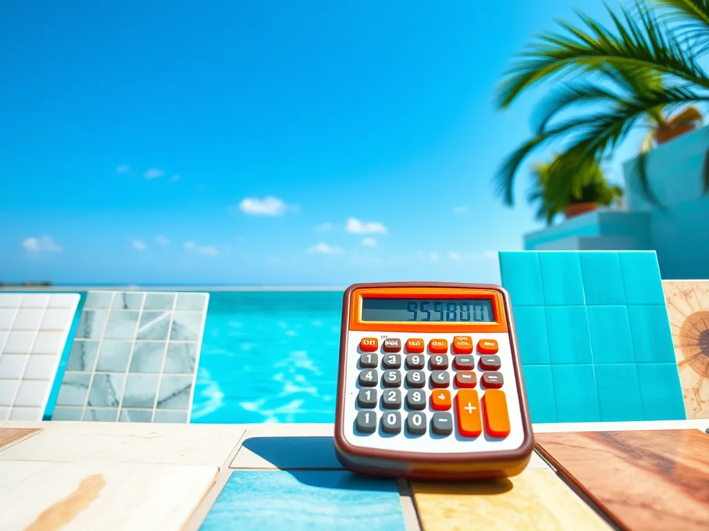 Calculator next to pool tiles for estimating pool tile costs.