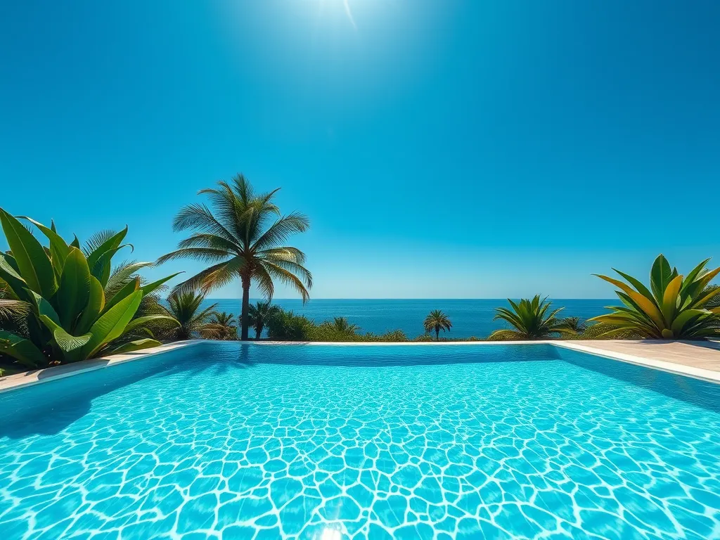 A serene pool view with clear blue water, representing the topic of leaving a pool vacuum in water overnight.