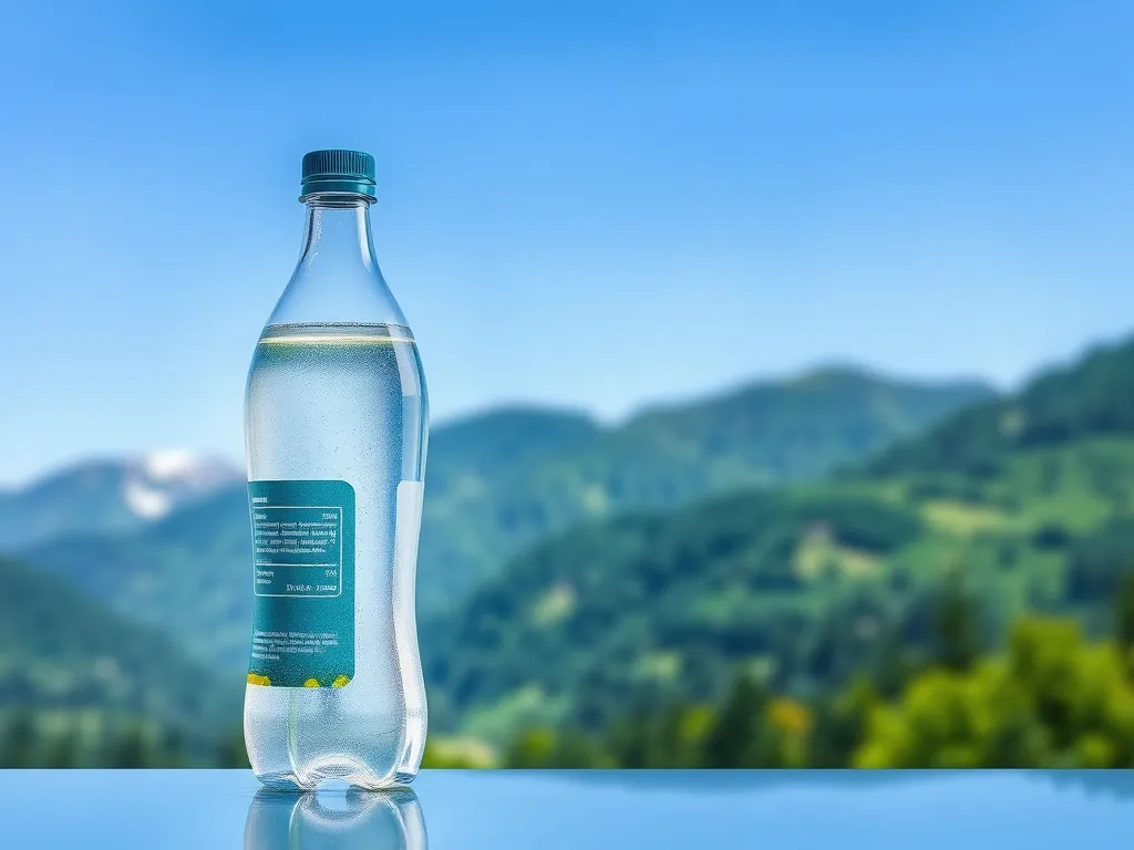 A bottle of clean water against a mountainous background, discussing the safety of drinking pool water.