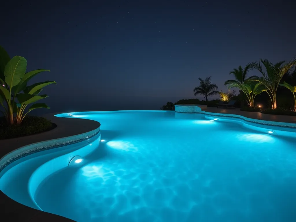 Serene nighttime view of a swimming pool illuminated in blue, emphasizing the phenomenon of pool water evaporation.