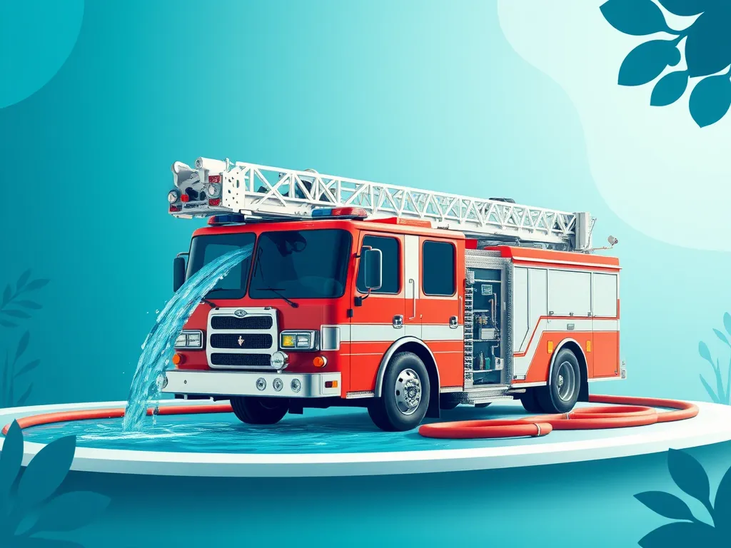 Fire truck with water flowing, illustrating the concept of using pool water to extinguish fires.
