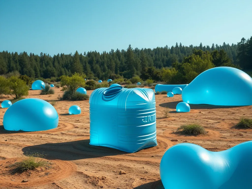 Blue water storage tanks in a dry landscape, highlighting the use of pool water for fire safety.