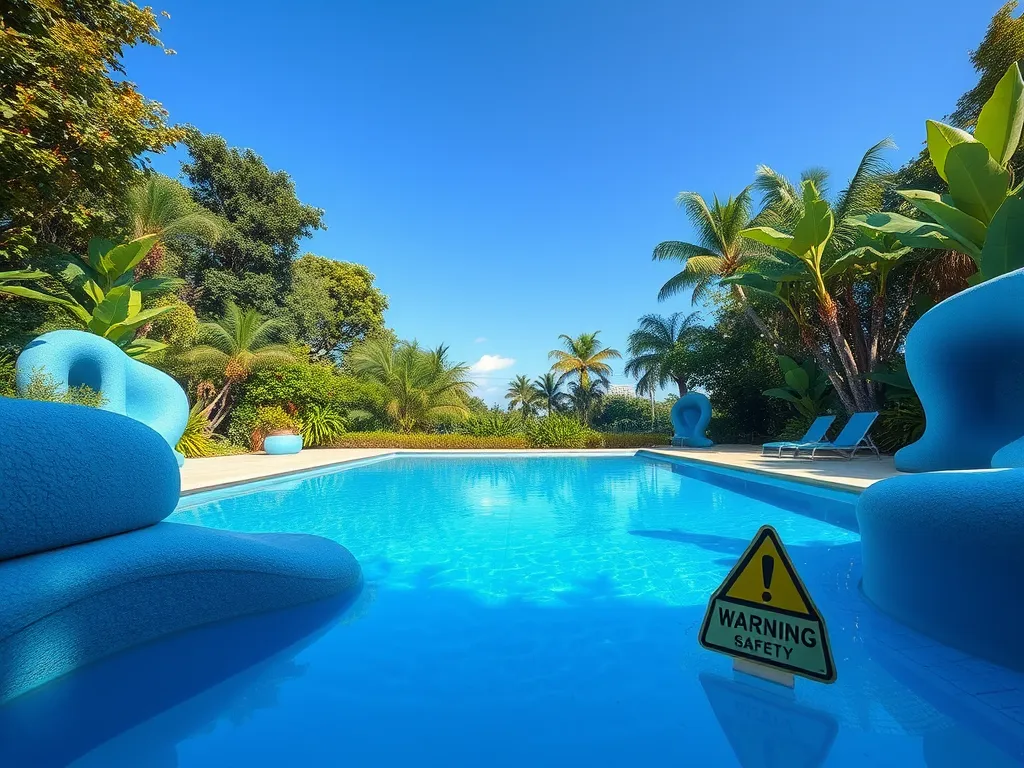 Swimming pool with warning sign, discussing if pool water can be used to extinguish fires