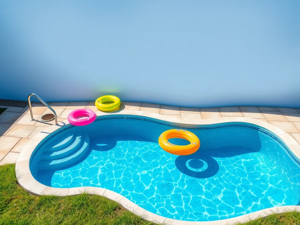 A clean swimming pool with colorful flotation rings, related to whether pool water can kill fleas.
