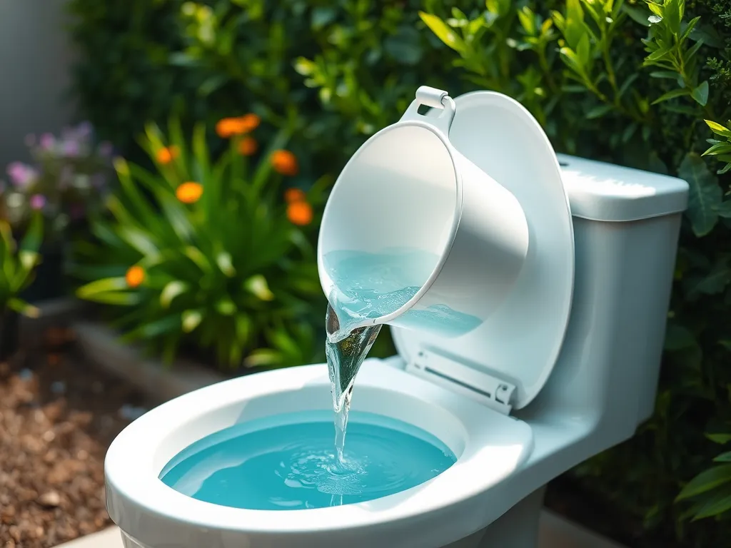 Image of a bucket pouring pool water into a toilet bowl, illustrating the concept of using pool water to flush a toilet