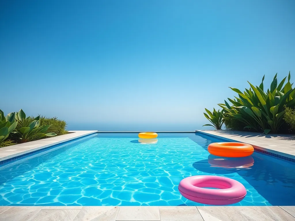 A clear swimming pool with colorful flotation devices, illustrating the concept of using pool water to flush toilet.