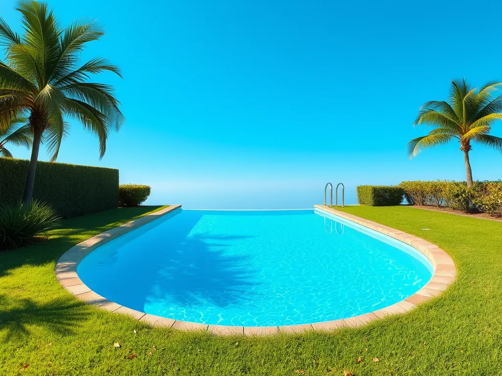 Clear pool water next to a lush green lawn showing potential impact on grass health.