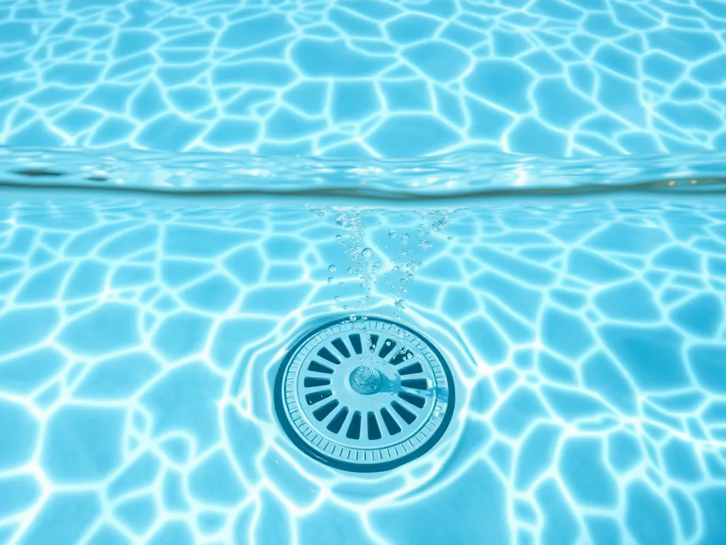 Close-up view of a pool drain underwater, illustrating the effects of high water levels on a pool pump.