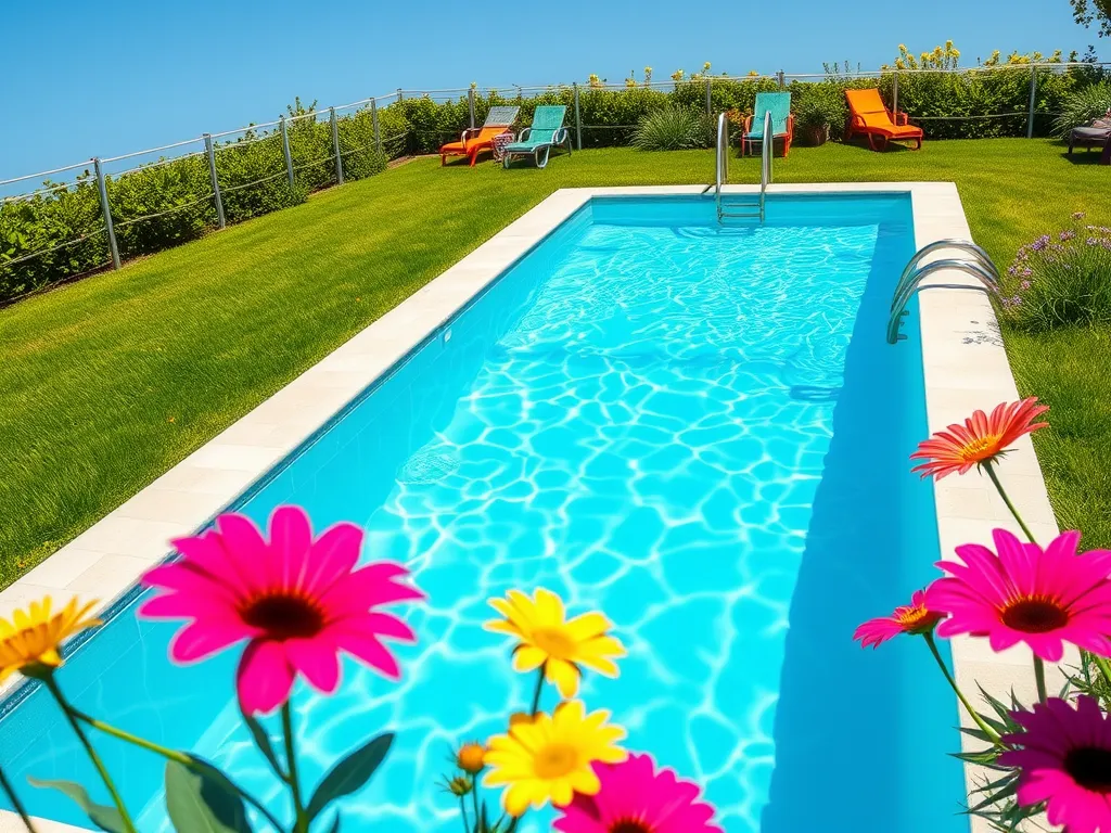 Beautiful swimming pool with clear water and flowers, questioning if pool water is safe to drink.