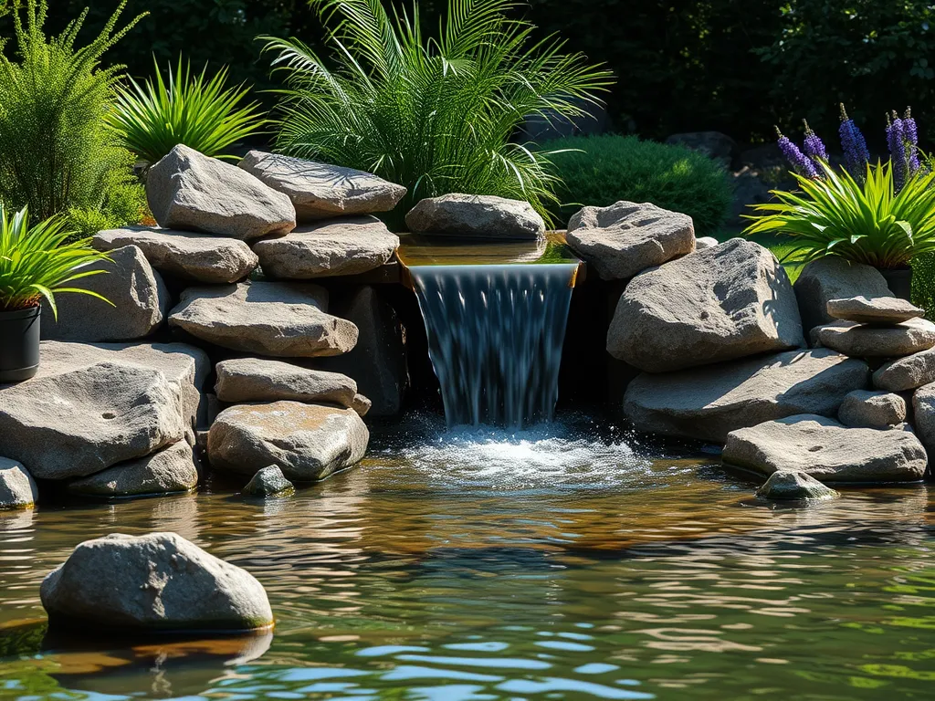 Beautiful pool waterfall made from real rocks featuring a serene water flow.