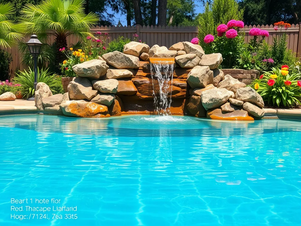 A beautiful pool waterfall made from real rocks, enhancing the pool area.