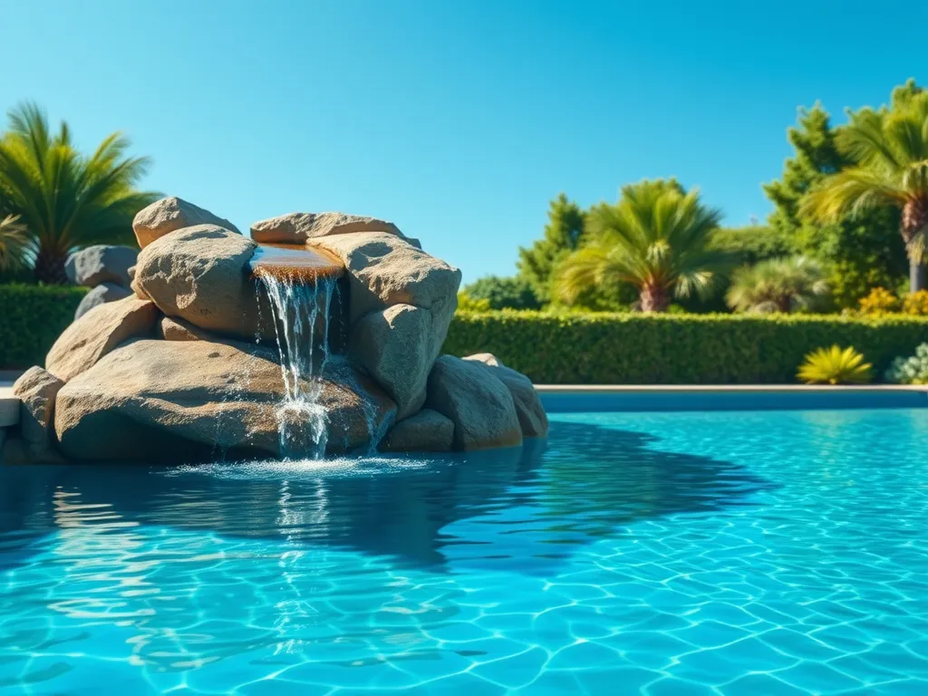 A stunning waterfall made from real rocks in a swimming pool