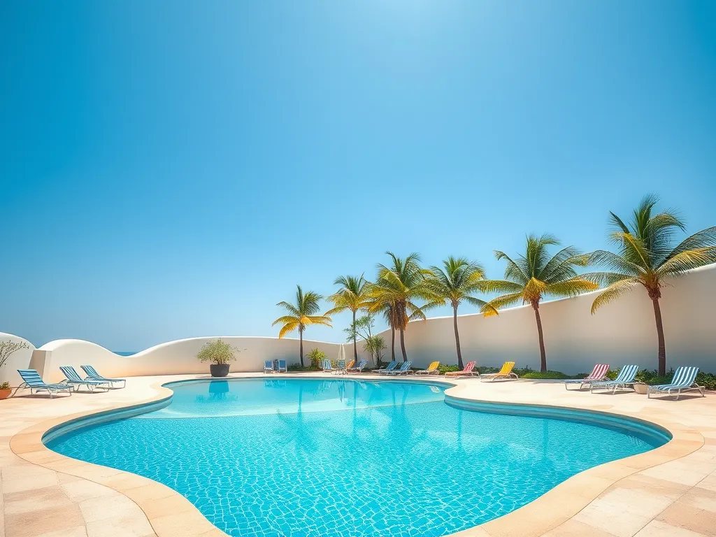 Beautiful swimming pool surrounded by palm trees, relevant for bleached hair pool concerns.
